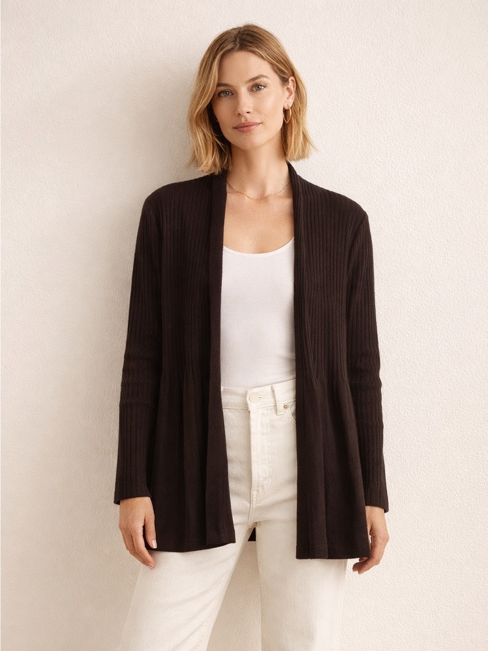 Eileen Fisher Ribbed Wool Open Cardigan Espresso Brown Medium